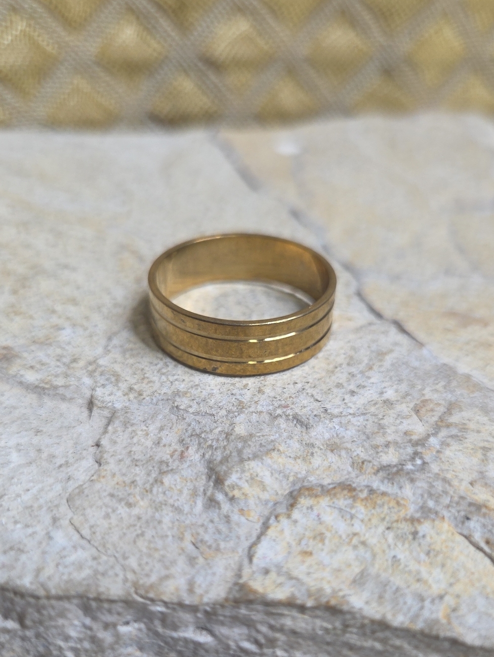 Gold Tone Stainless Steel Men's Band Ring with Triple Groove Detail 11